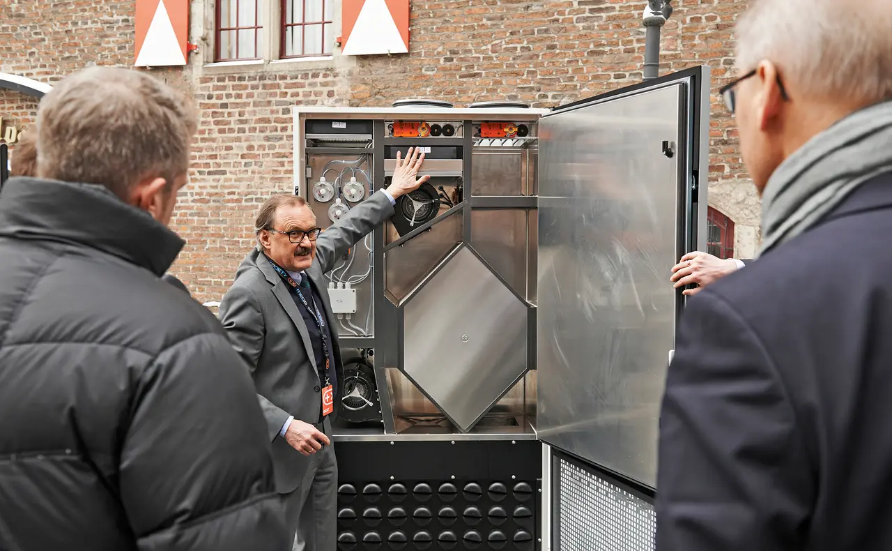 A ventilation unit opened up in the courtyard