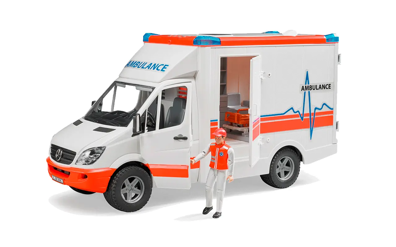 BRUDER MB SPRINTER AMBULANZ MIT FAHRER UND ZUBEHÖRSET RETTUNGSDIENST