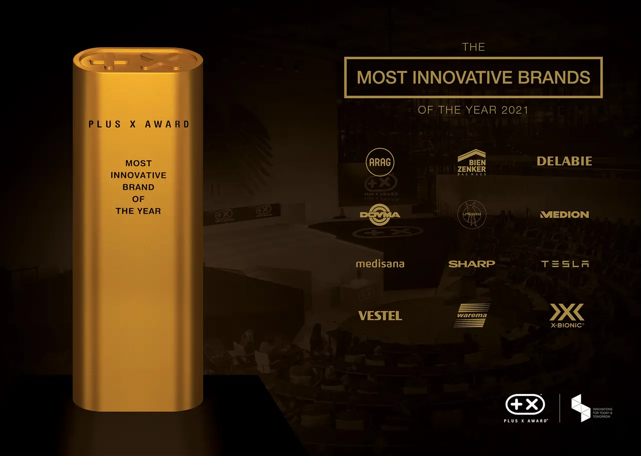 Goldene Trophäe „Most Innovative Brand of the Year“ neben den Logos der innovativsten Marken 2021