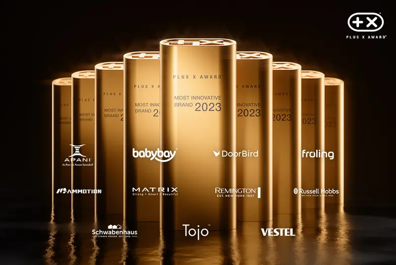 Trophäen „Most Innovative Brand 2023“ mit den Logos der ausgezeichneten Marken, darunter Fröling, Remington und Vestel