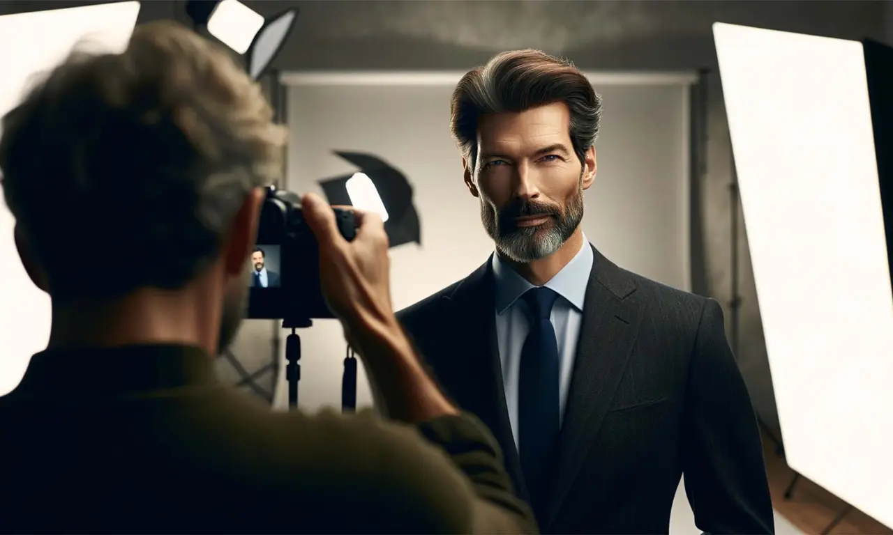 Een fotograaf maakt in de studio een portret van een man in pak; de foto verschijnt op het cameradisplay