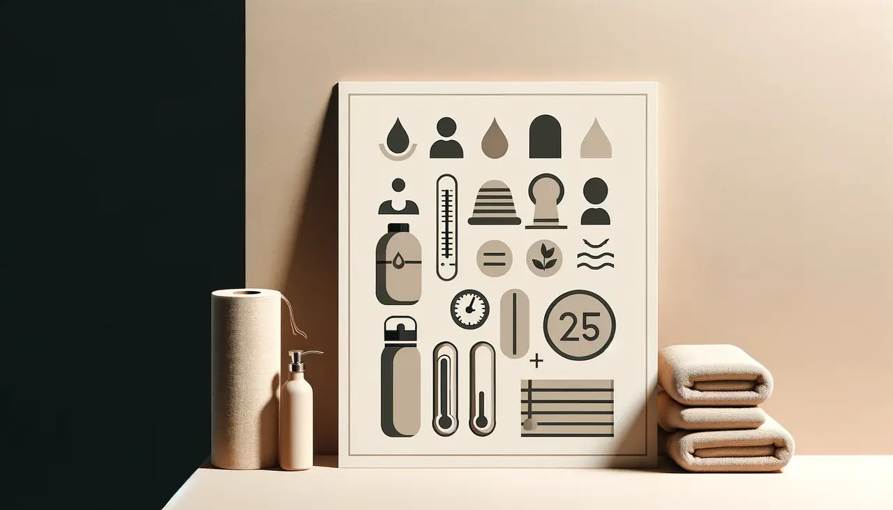 Illustration : panneau de pictogrammes sur les règles du sauna (température, hydratation, repos), à côté des serviettes