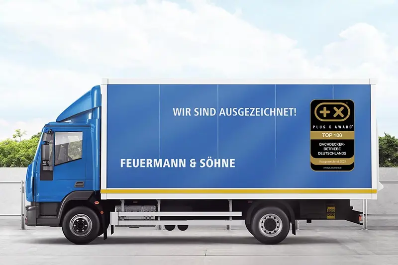 Fahrzeug mit dem Siegel „Top 100 Dachdecker Betriebe“