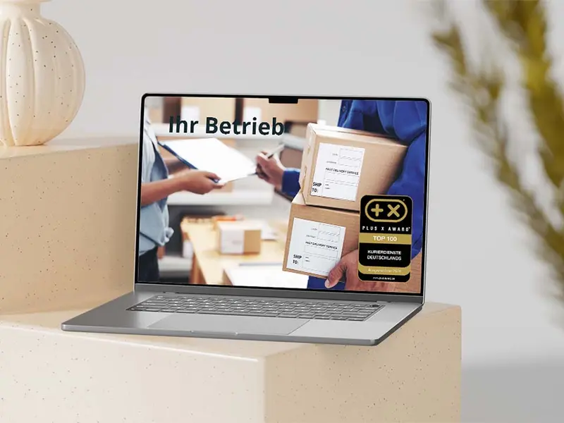 Website mit dem Siegel „Top 100 Kurierdienste Deutschlands“ auf einem Bildschirm