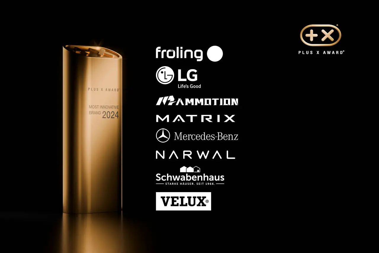 Trophäe „Most Innovative Brand 2024“ neben den Logos der acht ausgezeichneten Marken, darunter LG, Mercedes-Benz und Velux