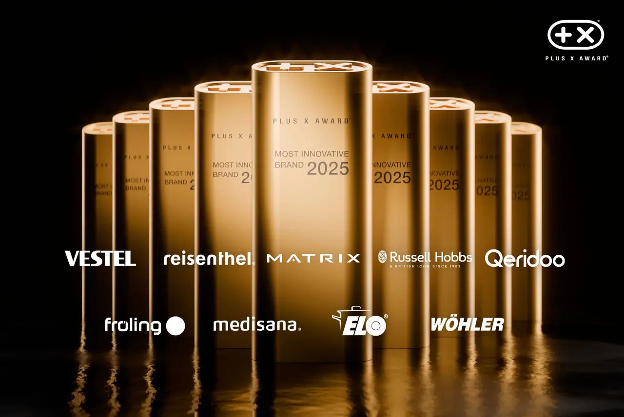 Trophäen „Most Innovative Brand 2025“ mit den Logos von Vestel, Reisenthel, Matrix, Russell Hobbs, Qeridoo, Fröling, Medisana, ELO und Wöhler