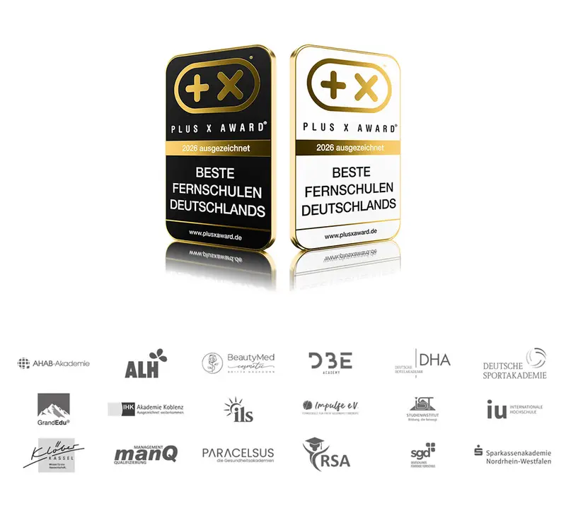 “Germany’s Best Distance Learning Schools 2026” seal of quality in black and white, with the logos of the award-winning schools below
