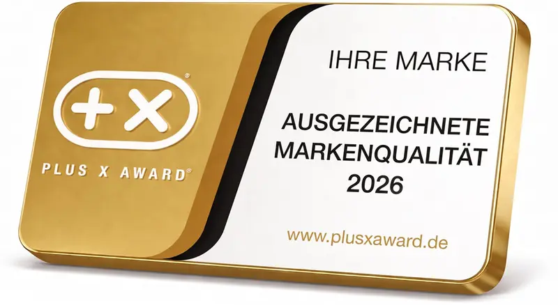 Gütesiegel „Ausgezeichnete Markenqualität 2026“ des Plus X Award mit dem Platzhalter „Ihre Marke“