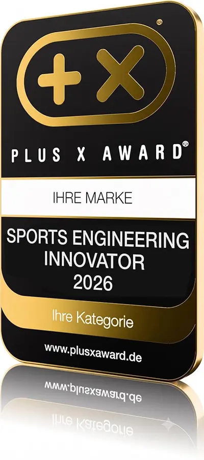 Gütesiegel „Sports Engineering Innovator 2026“ des Plus X Award mit Platzhaltern für Marke und Kategorie